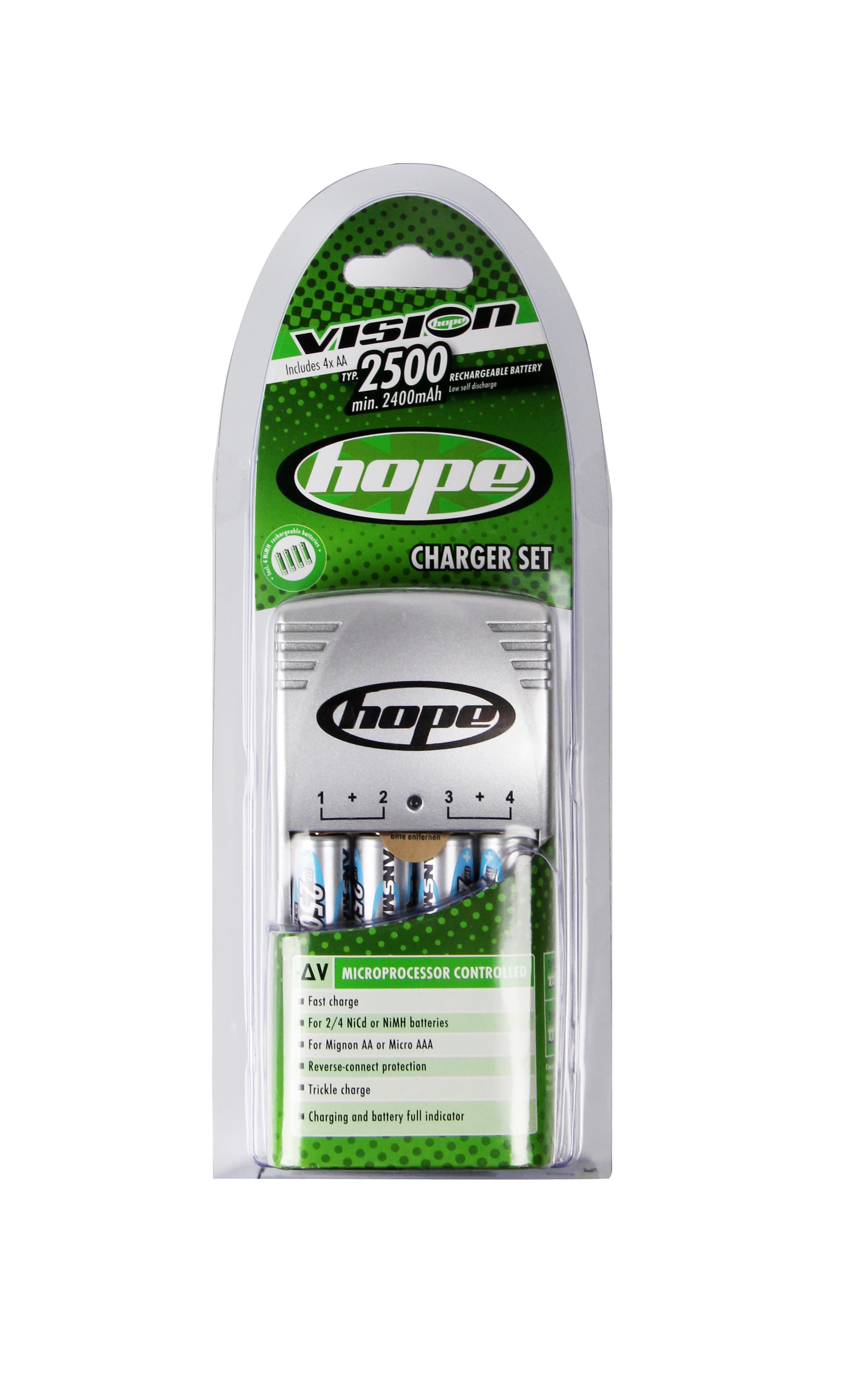 Hope AA Nimh Battery Charger Inc. 4XAA 2500mAh cells — product photo