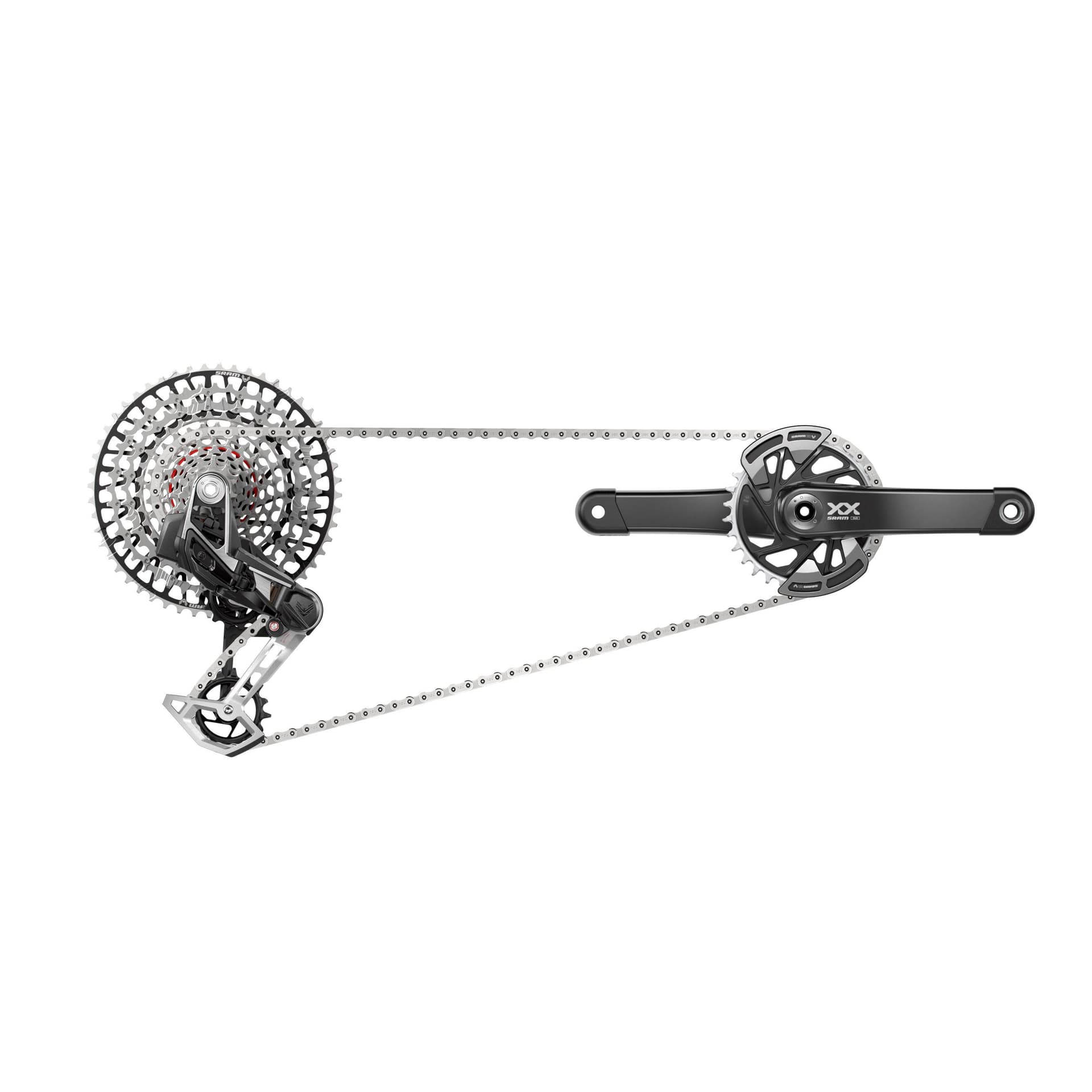 Sram XX T-Type Eagle Transmission AXS Groupset (RD W/Battery/Charger/Cord, EC Pod Ult, FC XX Q174 55mm Chainline Dub MTB Wide W/DM 32T CR W/2 Guards, CN 126L, CS XS-1297 10-52T) 2023 — product photo