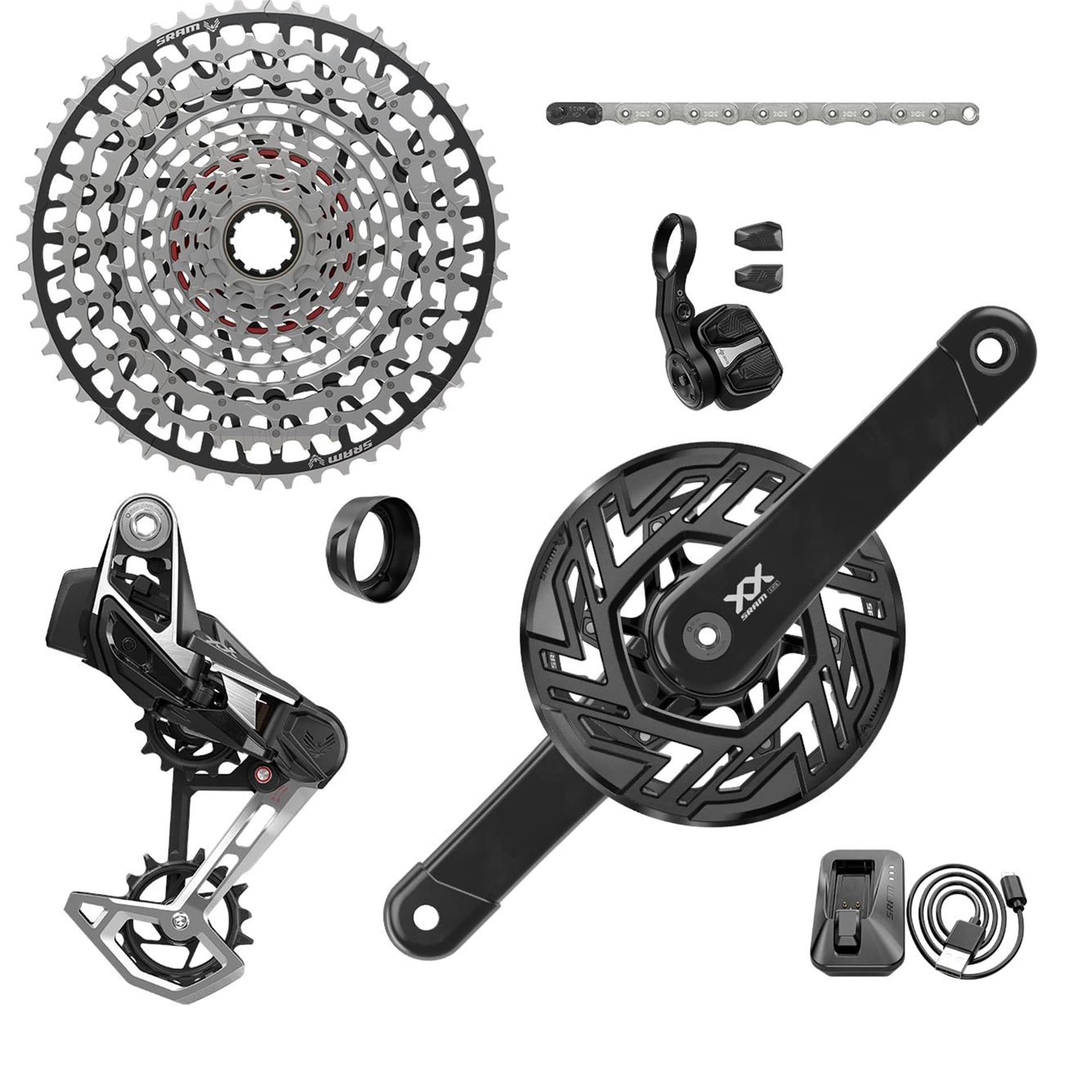 Sram XX T-Type Eagle E-MTB Bosch Transmission AXS Groupset (RD w/Battery/Charger/Cord, EC POD Ult, FC XX Bosch ISIS 165 w/cap, CR T-Type 36T,Clip-on Guard, CN 126l, CS XS-1297 10-52t) 2023 — product photo