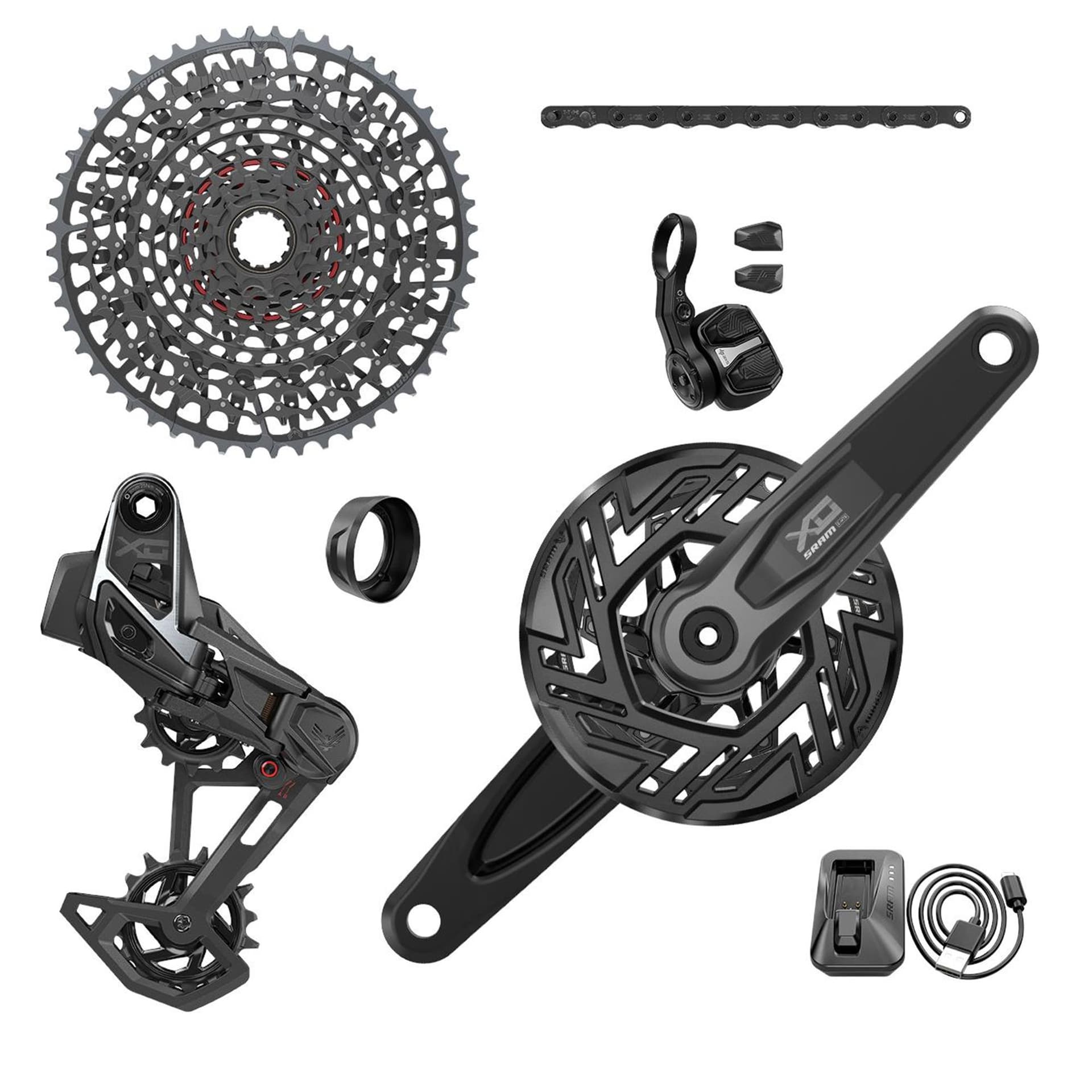 Sram X0 T-Type Eagle E-MTB Brose Transmission AXS Groupset (RD w/Battery/Charger/Cord, EC POD Ult, FC X0 Brose ISIS 160 w/cap, CR T-Type 36T,Clip-on Guard, CN 126l, CS XS-1295 10-52t) 2023 — product photo