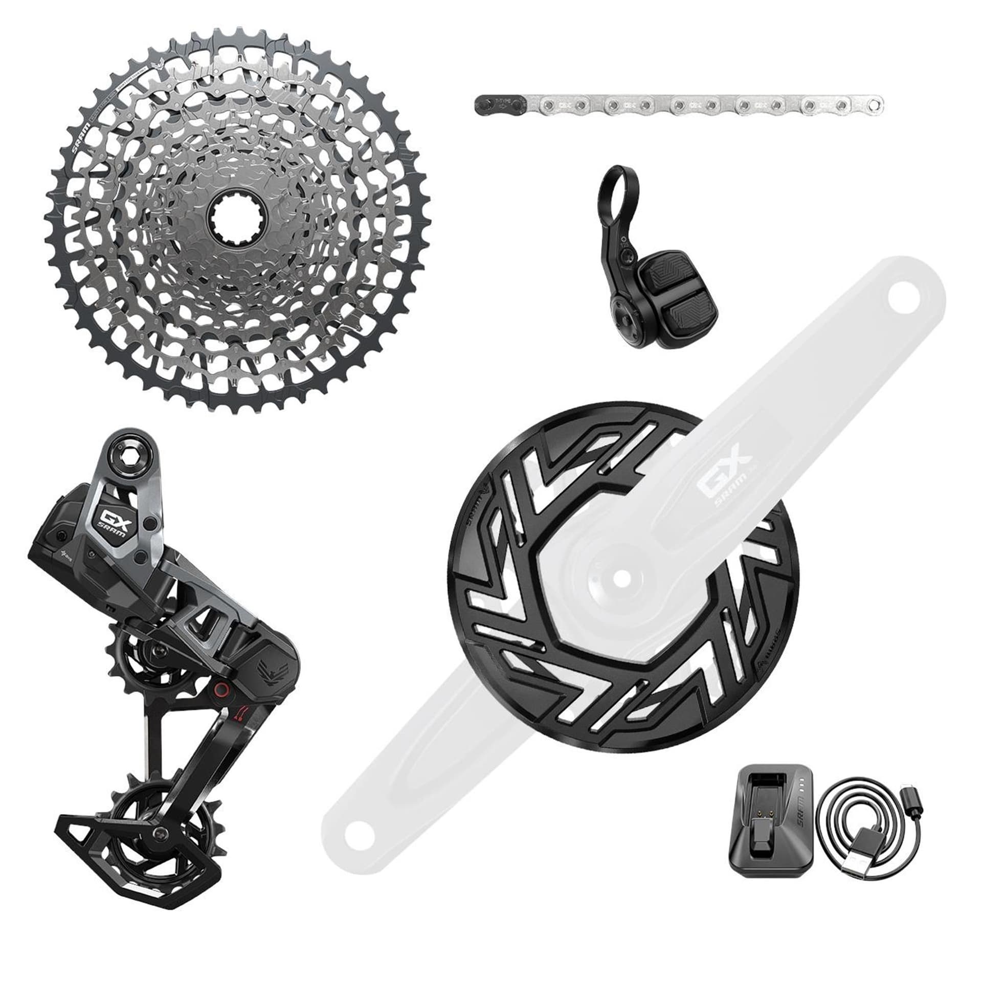 Sram - GX T-Type Eagle E-Mtb 104Bcd Transmission Axs Groupset (Rd W/Battery/Charger/Cord, Ec Pod, Cr 104Bcd T-Type 34T,Clip-On Guard, Cn 126L, Cs Xs-1275 10-52T) � Cranks Not Included — product photo