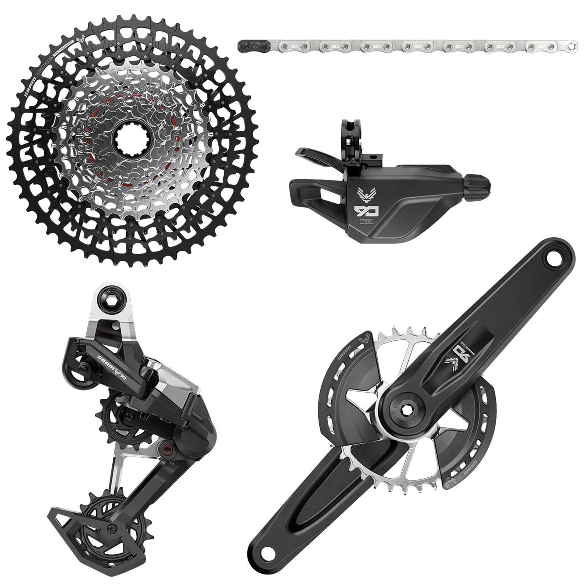 Sram Eagle 90 DUB Groupset (Rear Der, Trigger Shifter w Clamp, Crankset DUB MTB Wide w DM 32t T-TYPE Chainring w/2 guards, GX T-Type chain 126l, CS XS-1275 BLK 10-52t) — product photo