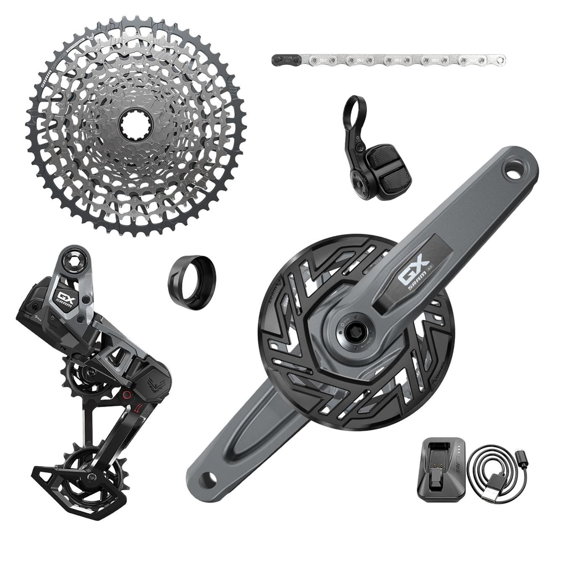Sram GX T-Type Eagle E-MTB Brose Transmission AXS Groupset (RD W/Battery/Charger/Cord, EC Pod, FC GX Brose ISIS 160 W/Cap, CR T-Type 36T, Clip-On Guard, CN 126L, CS XS-1275 10-52T) — product photo